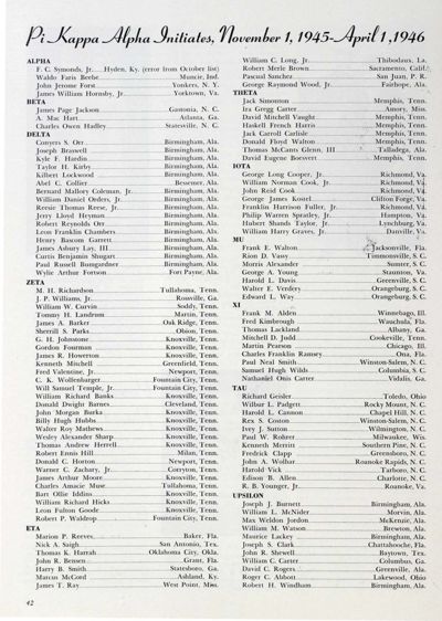 Pi Kappa Alpha Initiates, November 1,1945-April 1,1946